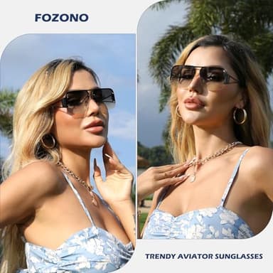 Fozono Retro Trendy Aviator Sunglasses Womens Mens Large Oversized Square Sun Glasses Metal Rimless Frame Shades FZN904 (Black/Gradient Grey) - Image 2