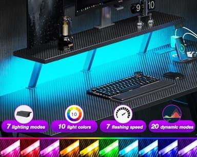 MOTPK Small Gaming Desk with LED Lights & Power Outlets, 39 Inch L Shaped Gaming Computer Desk with Storage Shelf, Gamer Table with Monitor Stand, PC Table with Carbon Fiber Texture, Black - Image 4