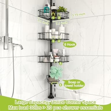 Shower Caddy Tension Pole, Rustproof Corner Shower Caddy Bathroom Organizer 4 Tier Adjustable Shelves for Inside Shower Bathtub Shampoo Accessories Storage Rack, Floor to Ceiling Standing Bath Rack - Image 3