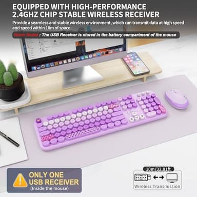 FOPETT Wireless Keyboard and Mouse Combo - 2.4G Full-Sized Cute Colorful Retro Keyboard with Round Keycaps 104 Keys Typewriter Keyboard for Laptop/Windows/PC-Purple Colorful - Image 4