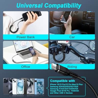 UorMe Type C Charger Coiled USB C Cable Fast Charging for Moto Razr 50 Ultra Edge 2024 Edge 50 X50 Ultra Moto G Power Stylus, 3+5FT Retractable Car Android Auto USB C to A Cord for Samsung S24 S23 FE - Image 7