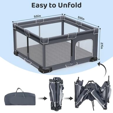 Grobeybees Foldable Baby Playpen with Mat, Foldable Playpen for Babies and Toddlers, Folding Portable Kids Play Pen, Collapsible Play Yard with 2 Handles + Suitable Size Mat(Grey, 50x50 inches) - Image 2