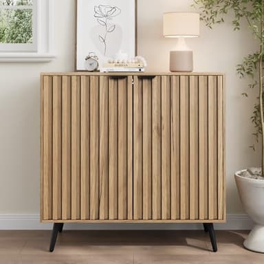 Smuxee Fluted Sideboard Cabinet, Freestanding Natural Buffet Cabinet with Adjustable Shelf, Wood Storage Cabinet for Living Room, Entryway, Hallway - Image 8