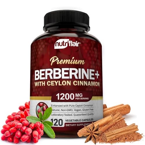 NutriFlair Premium Berberine HCL 1200mg, 120 Capsules - Plus Pure True Ceylon Cinnamon, Berberine HCI Root Supplements Pills - Immune System - yields an Optimal 8% HCl - Image 1
