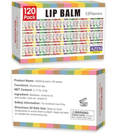 AZEN 120 Pack Lip Balm, Natural Lip Balm Bulk, Lip Care Product, Moisturizing Lip Balms for dry cracked lips - 12 Flavors - Image 8