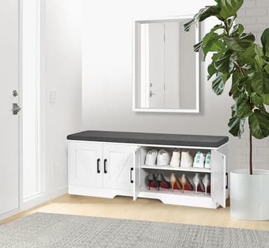 HOMSHO 2-Tier Storage Bench, 47.2" Wide Shoe Bench with Padded Seat Cushion, Entryway Bench with 4 Barn Doors and Adjustable Shelf, White - Image 2