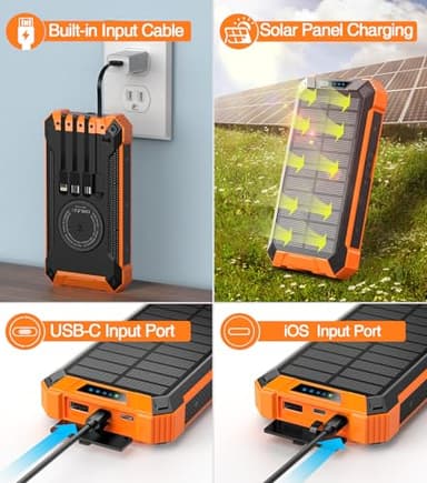 GOODaaa Power Bank Wireless Charger 36000mAh Built in 4 Cables Six Outputs 15W Fast Charging Power Bank for All Mobile Devices Three Inputs Solar Portable Charger with Dual Flashlights, Carabiner - Image 5