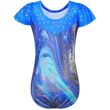 TFJH E Girls Gymnastics Outfit Flutter Sleeve Ballet Dance Clothes Activewear Blue Agate 6A - Image 2