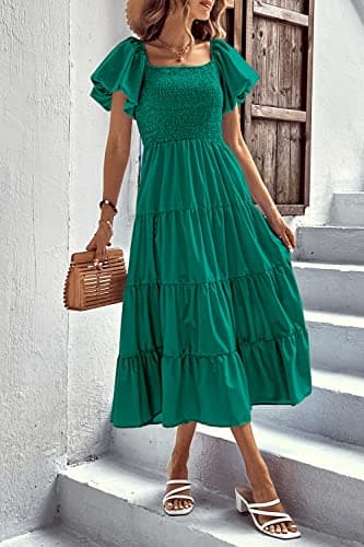 PRETTYGARDEN Women's Casual Summer Midi Dress Puffy Short Sleeve Square Neck Smocked Tiered Ruffle Dresses (Dark Green,Small) - Image 8