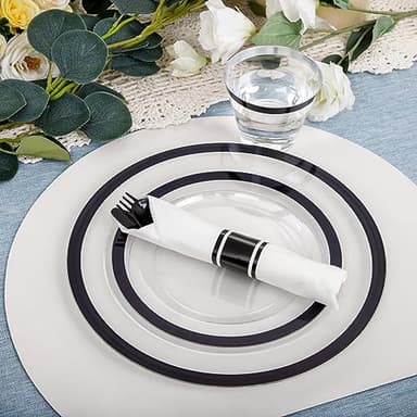 I00000 350 Pcs Clear and Black Plastic Plates,Black Dinnerware Set, Include 50 Dinner and 50 Dessert Plates,50 Plastic Cups,50 Per Rolled Napkins with Cutlery for Party,Wedding,Halloween - Image 5