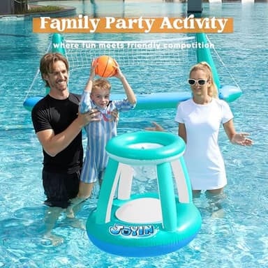JOYIN XL Inflatable Pool Float Set, 125'' Volleyball Net & Basketball Hoops, Extra Large Floating Swimming Game Toy for Kids and Adults, Summer Floaties, Volleyball Court|Basketball, XL-Blue, Cyan - Image 4