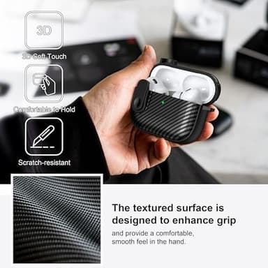 RFUNGUANGO for Airpod Pro Case (2023/2022/2019) with Lock, Carbon Fiber Black Airpods Pro 2nd Generation/1st Generation Case (USB-C/Lightning Cable) Black Switch - Image 3