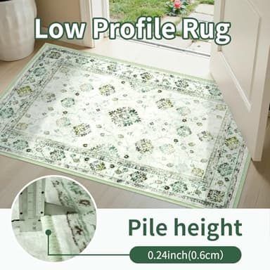 FinRèc 6x9 Rugs for Living Room, Washable Vintage Floral Bedroom Rug, Non-Slip Low Pile Area Rug, Ultra-Thin Foldable Accent Indoor Carpet for Kitchen Dining Room Kids Room Home Office - Green - Image 5