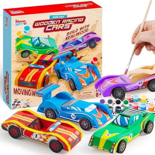 Klever Kits 4 DIY Wooden Race Cars-Build & Paint Your Own Wood Craft Kit, 4 Race Cars Toy, Easy to Assemble Arts Crafts Kit, Birthday Party Presents for Kids Boys and Girls - Image 1