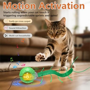 Giociv Interactive Cat Toys for Bored Cats, with Chirping, Centipede Motion Wake-up Super Motor Cat Ball on Rug - Image 3