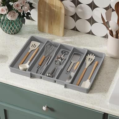 Lifewit Utensil Organizer for Kitchen Drawers, Expandable Cooking Utensil Tray, Adjustable Cutlery Silverware Flatware Holder, Plastic Kitchen Spatula Tools and Gadgets Storage Divider, Large, Gray - Image 7