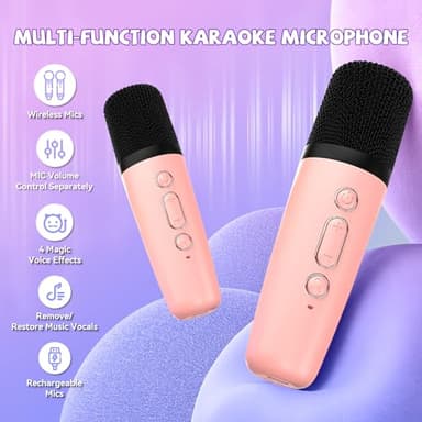 Mini Karaoke Machine for Kids Girls Boys - Birthday Gifts for Ages 4 5 6 7 8+ Year Old - 2025 New est - Portable Bluetooth Speaker with 2 Wireless Microphone - Kids' Instrument Accessories - Pink - Image 6