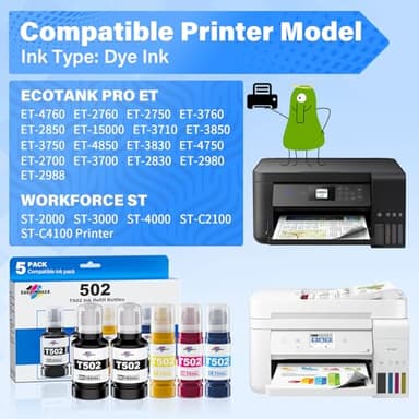 502 Ink Refill Bottles (NotSublimation Ink) for Ecotank ET-3760 ET-2850 ET-3850 ET-2760 ET-15000 ET-4850 ET-4760 ET-2750 ET-3750 ET-3830 Printers, Compatible Replacement for Epson T502 Ink (5 Packs) - Image 2