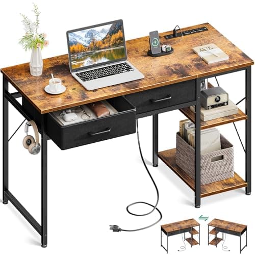 Coleshome Small Computer Desk with Drawers, 40 Inch Reversible Home Office Desk with Power Outlet, Study Laptop Vanity Table with Storage Shelves for Bedroom Small Space, Rustic Brown - Image 1