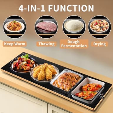 Electric Warming Tray（Extra Long 40”x12”），Food Warmer with Thermostat and Full Surface Heating，Food Warming Mat with 2 Temperature Modes for Parties Buffet，Gatherings，Gold Edge - Image 3