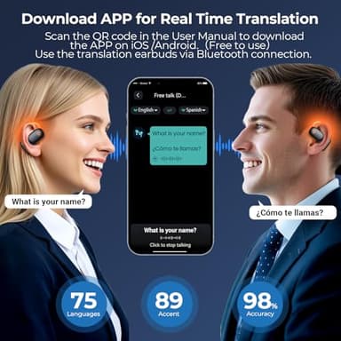 AI Language Translator Earbuds, 164 Languages, Audifonos Traductores Inglés Español for Business Meeting, Glowing Earhook Bluetooth Translating - Image 2