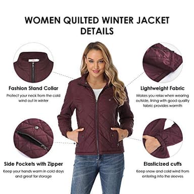 PEIQI Women's Quilted Jacket Coat Outwear Zip-up Stand Collar Padded Jacket with Pockets Red X-Large - Image 2