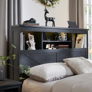 ACCOHOHO Farmhouse King Size Wood Bed Frame with 52" Tall Storage Headboard and 4 Drawers,LED Light,Charging Station,Solid Wood Slats Support,Noiseless,No Box Spring Needed,Black - Image 7