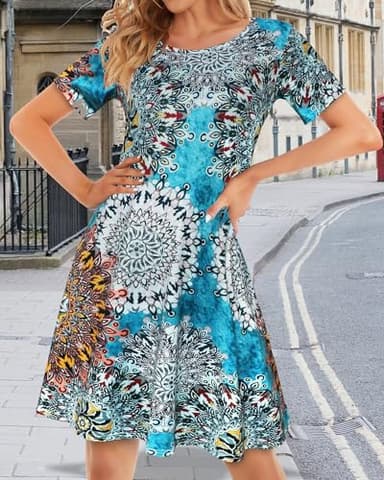 Boho Dresses for Women Summer Spring Sun Beach Tshirt Tie Dye Short Sleeves with Pocket(Bohemian Blue,XL) - Image 4