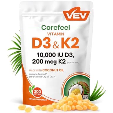 VEV Corefeel Vitamin D3 K2 10,000 IU, 200 mcg MK-7, 300 Coconut Oil Softgels, 2 in 1 Vitamins Supplement D & K (Include MK7), Easy to Swallow, Supports Calcium Absorption, Bone Health - Image 1