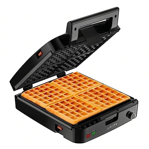 KRUPS 4-Slice Belgian Waffle Maker: Stainless Steel, 5 Browning Levels, Audible Ready Beep, Removable Plates, 1200W, Silver/Black, Large Waffle Maker Family Size, Great for Family Breakfasts - Image 1