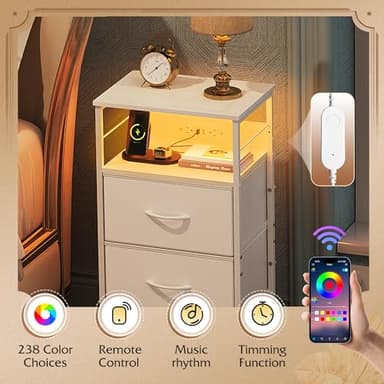 WLIVE White Night Stand with Charging Station, LED Nightstand with 3 Fabric Drawers, Tall Bedside Table with 3 USB Ports and 2 Outlets, Dresser for Small Space, 31.93" H Side Table for Bedroom - Image 5