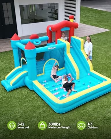 Outfunny Inflatable Bounce House, Large Bouncy Castle for Kids with Slide, Outdoor & Indoor, 450W Blower - Blue - Image 2