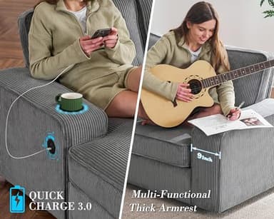 PaPaJet U Shaped Couch, 112 Inch Oversized Couch with Storage Chaise, Sectional Sofa with Cup Holders & 2 USB Ports, Corduroy Grey Sofa - Image 3