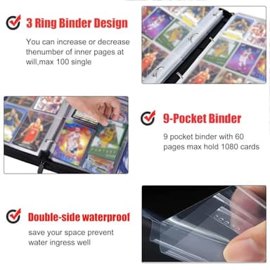Basketball Card Binder,9 Pocket with 60 Sleeves up to 1080 Cards,Portable Waterproof Storage Book with Removable Clear Sleeves,Compatible with Basketball Cards 2024-2025 - Image 5