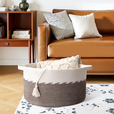 OIAHOMY 90L Blanket Basket for Living Room, Large Basket 23" x 23" x 13" with Handle, Laundry Hamper for Blankets, Pillows, Toy Storage for Kids, Dogs - Brown & White - Image 4