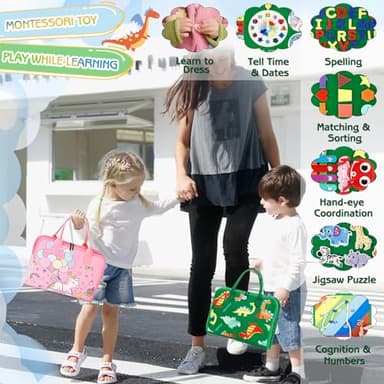Esjay Toddler Busy Board Montessori Toys, Sensory Board Educational Activities for Learning Fine Motor Skills, Gifts for Girls Boys Toddlers, Travel Toys for Airplane Car,Green Dinosaur - Image 6