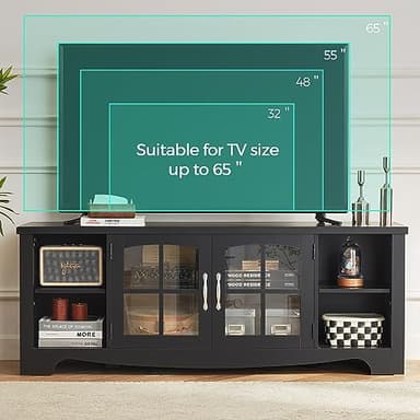 LINSY HOME Farmhouse TV Stand for 65 Inch TV, Wood Entertainment Center with Glass Door Storage Cabinet & Adjustable Shelves, Sturdy TV Console Table for Living Room Bedroom, Black - Image 8
