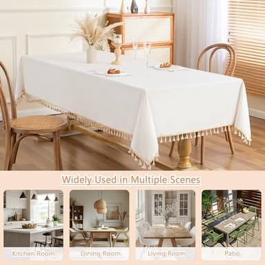 MYSKY HOME White Table Cloth Rectangle, Rectangular Table Cloth, Wrinkle Resistant, Waterproof Tablecloth, Washable Farmhouse Tablecloths, Table Cloths with Tassels for Kitchen Dining, 55"X102" - Image 6