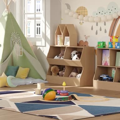 DINZI LVJ Kids Bookshelf, Toy Storage Organizer, Wooden Toy Storage Cabinet, 4 Cubby Children Bookcase, 43.3" L Toddler Book Shelf for Bedroom, Nursery, Hallway, School, Natural - Image 5