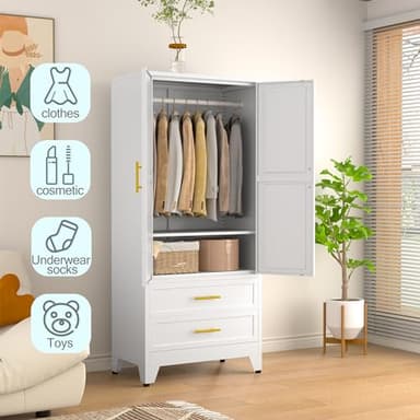 erosoei Metal Armoire Wardrobe Closet, 71 "Metal Clothing Storage Cabinet with Adjustable Shelves and Hanging Rod, Household Steel Wardrobe Storage Cabinet with Drawers (armoire-White) - Image 6