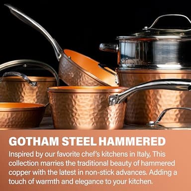 Gotham Steel Hammered 15 Pc Ceramic Cookware Set, Induction Pots and Pans Set Non Stick with Cooking Utensils & Steamer, Non Toxic Ceramic & Titanium Coating PFOA PFOS Free, Oven & Dishwasher Safe - Image 2