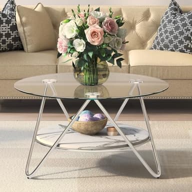 ASYA Round Coffee Table with Storage, 2-Tier Glass Coffee Table for Living Room, Modern Living Table with Tempered Glass & Metal Frame (Faux Marble) - Image 1