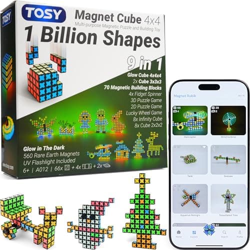 TOSY Magnet Cube 4x4 - 560 Magnets, 70 Blocks, 8 in 1 Toy: Puzzle Cube Game, Creative Building Blocks, Transformable Fidget Spinner, Infinity Cube, Magnet Tiles, UV Flashlight, Glowing STEM/STEAM Toy - Image 1