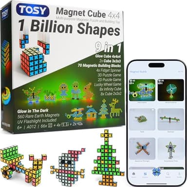 TOSY Magnet Cube 4x4 - 560 Magnets, 70 Blocks, 8 in 1 Toy: Puzzle Cube Game, Creative Building Blocks, Transformable Fidget Spinner, Infinity Cube, Magnet Tiles, UV Flashlight, Glowing STEM/STEAM Toy - Image 1