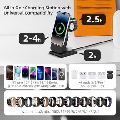 DDUAN Foldable Wireless Charging Station: 3-in-1 Charger Stand with 5000mAh Portable Power Bank for iPhone 16/15/14/13/12 - Removable Battery Pack for Apple Watch (Black) - Image 2