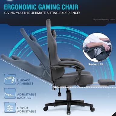 GTPLAYER Gaming Chair Fabric with Pocket Spring Cushion, Big and Tall Gamings Chairs 350LBS High Back Computer Chair with Footrest for Adults Lumbar Support Swivel Game Chair for Office Light Gray - Image 4