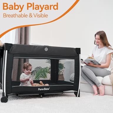 Pamo Babe 4 in 1 Baby Playards with Bassinet & Changing Table, Portable Crib Breathable Mesh and Toy Mobile - Image 3