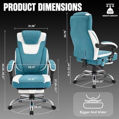 Massage Office Chair with Footrest,6-Point Vibration & Heat Executive Office Chairs,500LBS Big and Tall Fabric Office Chair,Ergonomic Desk Chair for Heavy People,Recliner with Padded Armrest,Bluewhite - Image 4