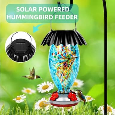 Solar Hummingbird Feeder for Outdoors Hanging Colorful Lighting 32 Oz Hand Blown Glass Hummingbird Feeder for Garden Decoration with Accessories (Blue) - Image 2