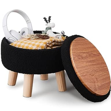 Wimarsbon Storage Ottoman, Modern Round Footrest with Soft Padded Seat, Teddy Velvet Footstool with Wood Legs, Accent Small Table or Plant Stand for Hallway, Living Room (Black) - Image 1